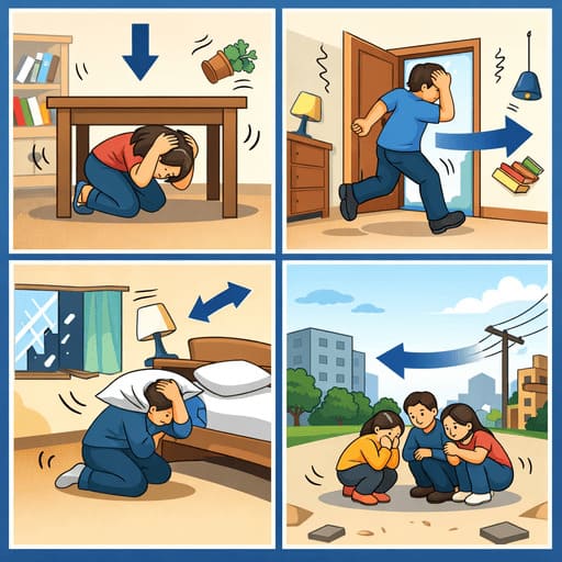 Правила безопасности при землетрясении: Drop, Cover, and Hold On. Иллюстрация правильных действий во время землетрясения в помещении и на улице